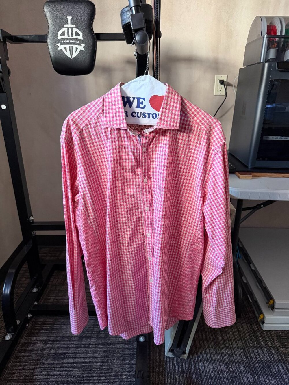 Robert Graham Men’s Pink Gingham Paisley-Trim Button-Up Shirt Large